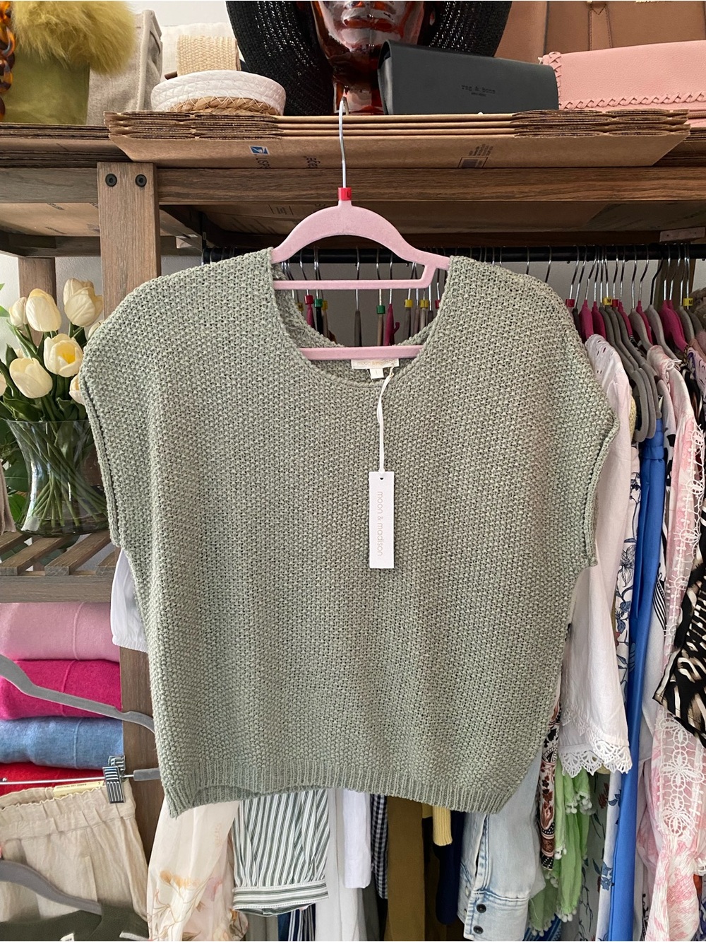 Light Sage Knit Cap-Sleeve Sweater Top